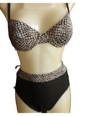 True Vintage 7/8 Bikini Set Tropical Black White Geometric Padded Underwire 80's